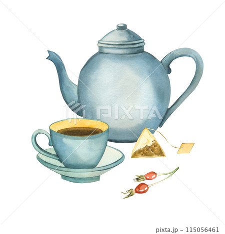 Kitchen teapot and blue porcelain cup, rose hips, tea bag. All objects are hand-painted with watercolors. Watercolor illustration. For printing on packaging, paper, kitchen design, textiles Kitchen teapot and blue porcelain cup, rose hips, tea bag. All objects are hand-painted with watercolors. Watercolor illustration. For printing on packaging, paper, kitchen design, textiles 115056461
