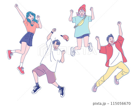 元気にジャンプするアニメ調の若い男性と女性 元気にジャンプするアニメ調の若い男性と女性 115056670