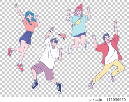 元気にジャンプするアニメ調の若い男性と女性 元気にジャンプするアニメ調の若い男性と女性 115056670