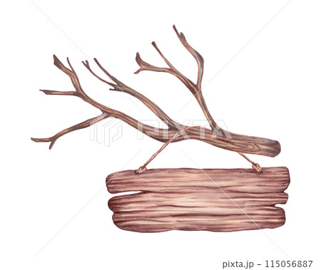 A wooden sign hangs on a tree branch. Illustration with watercolors and markers. Decorative item with texture. Hand drawn isolated clip art. Natural decor for invitations, weddings, birthdays 115056887