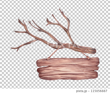 A wooden sign hangs on a tree branch. Illustration with watercolors and markers. Decorative item with texture. Hand drawn isolated clip art. Natural decor for invitations, weddings, birthdays 115056887