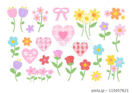 Illustration of tulip flowers, rose, sunflower, heart, pink ribbon for floral print, nature, garden, picnic, spring, summer, blossom, Valentine, card, print, sticker, cute patches, brooch, decoration 115057621