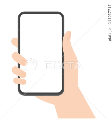 スマートフォンを持っている人物の手 - 画面が白または透過フレームのスマホのデザイン素材 115057717