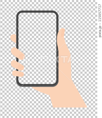 スマートフォンを持っている人物の手 - 画面が白または透過フレームのスマホのデザイン素材 115057717