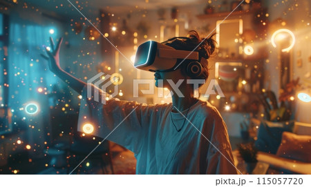 Futuristic Home Entertainment. Girl wearing VR glasses in her room and travelling through spectacular virtual realms. Technological advancement. 115057720