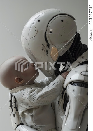 Baby interacting with futuristic robot, symbolizing new form of nurturing in technologically advanced world. 115057736