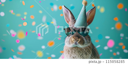 Happy birthday card concept. Rabbit with party hat and sunglasses celebrating birthday, carnival, New Year's eve, sylvester or other festive celebration 115058285