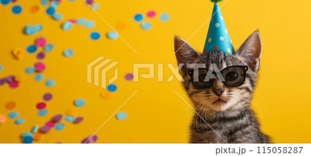 Happy birthday card concept. Cat with party hat and sunglasses celebrating birthday, carnival, New Year's eve, sylvester or other festive celebration 115058287