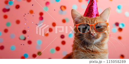 Happy birthday card concept. Cat with party hat and sunglasses celebrating birthday, carnival, New Year's eve, sylvester or other festive celebration 115058289