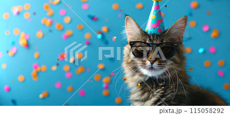 Happy birthday card concept. Cat with party hat and sunglasses celebrating birthday, carnival, New Year's eve, sylvester or other festive celebration 115058292