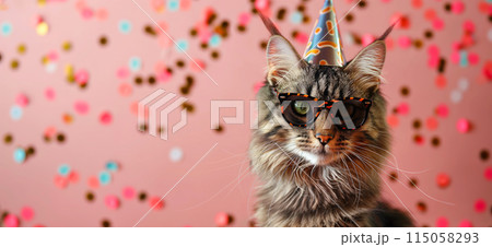 Happy birthday card concept. Cat with party hat and sunglasses celebrating birthday, carnival, New Year's eve, sylvester or other festive celebration 115058293