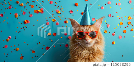 Happy birthday card concept. Cat with party hat and sunglasses celebrating birthday, carnival, New Year's eve, sylvester or other festive celebration Happy birthday card concept. Cat with party hat and sunglasses celebrating birthday, carnival, New Year's eve, sylvester or other festive celebration 115058296
