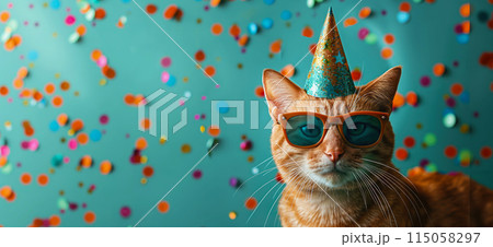 Happy birthday card concept. Cat with party hat and sunglasses celebrating birthday, carnival, New Year's eve, sylvester or other festive celebration 115058297