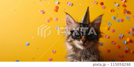 Happy birthday card concept. Cat with party hat and sunglasses celebrating birthday, carnival, New Year's eve, sylvester or other festive celebration 115058298