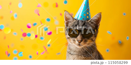 Happy birthday card concept. Cat with party hat and sunglasses celebrating birthday, carnival, New Year's eve, sylvester or other festive celebration 115058299