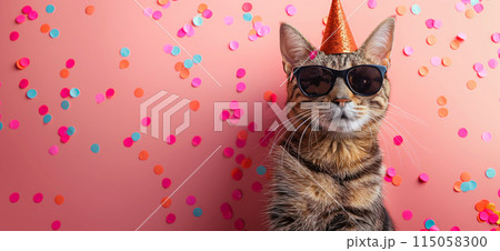 Happy birthday card concept. Cat with party hat and sunglasses celebrating birthday, carnival, New Year's eve, sylvester or other festive celebration 115058300