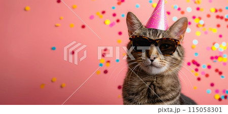 Happy birthday card concept. Cat with party hat and sunglasses celebrating birthday, carnival, New Year's eve, sylvester or other festive celebration 115058301