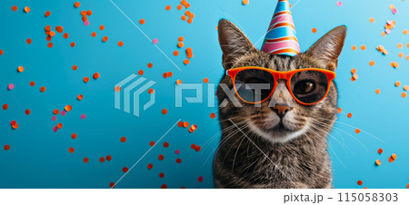 Happy birthday card concept. Cat with party hat and sunglasses celebrating birthday, carnival, New Year's eve, sylvester or other festive celebration 115058303