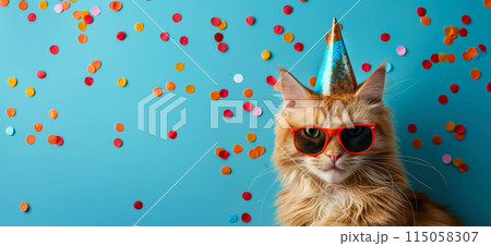 Happy birthday card concept. Cat with party hat and sunglasses celebrating birthday, carnival, New Year's eve, sylvester or other festive celebration 115058307
