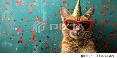Happy birthday card concept. Cat with party hat and sunglasses celebrating birthday, carnival, New Year's eve, sylvester or other festive celebration 115058309