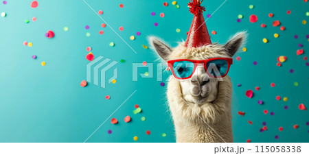 Happy birthday card concept. Llama with party hat and sunglasses celebrating birthday, carnival, New Year's eve, sylvester or other festive celebration 115058338