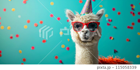 Happy birthday card concept. Llama with party hat and sunglasses celebrating birthday, carnival, New Year's eve, sylvester or other festive celebration Happy birthday card concept. Llama with party hat and sunglasses celebrating birthday, carnival, New Year's eve, sylvester or other festive celebration 115058339