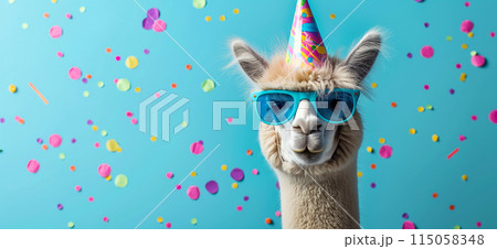 Happy birthday card concept. Llama with party hat and sunglasses celebrating birthday, carnival, New Year's eve, sylvester or other festive celebration 115058348