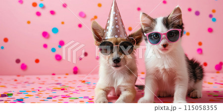 Happy birthday card concept. Pets with party hat and sunglasses celebrating birthday, carnival, New Year's eve, sylvester or other festive celebration 115058355