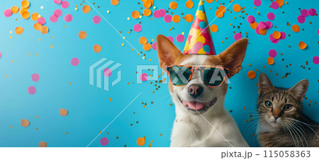 Happy birthday card concept. Pets with party hat and sunglasses celebrating birthday, carnival, New Year's eve, sylvester or other festive celebration Happy birthday card concept. Pets with party hat and sunglasses celebrating birthday, carnival, New Year's eve, sylvester or other festive celebration 115058363
