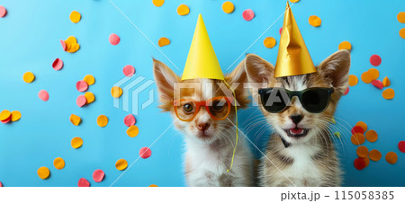 Happy birthday card concept. Pets with party hat and sunglasses celebrating birthday, carnival, New Year's eve, sylvester or other festive celebration 115058385