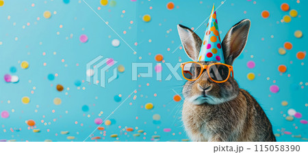 Happy birthday card concept. Rabbit with party hat and sunglasses celebrating birthday, carnival, New Year's eve, sylvester or other festive celebration 115058390