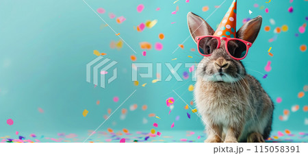 Happy birthday card concept. Rabbit with party hat and sunglasses celebrating birthday, carnival, New Year's eve, sylvester or other festive celebration 115058391