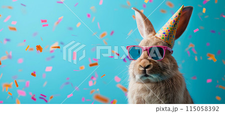 Happy birthday card concept. Rabbit with party hat and sunglasses celebrating birthday, carnival, New Year's eve, sylvester or other festive celebration 115058392