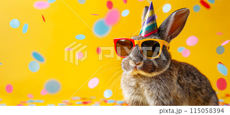 Happy birthday card concept. Rabbit with party hat and sunglasses celebrating birthday, carnival, New Year's eve, sylvester or other festive celebration Happy birthday card concept. Rabbit with party hat and sunglasses celebrating birthday, carnival, New Year's eve, sylvester or other festive celebration 115058394
