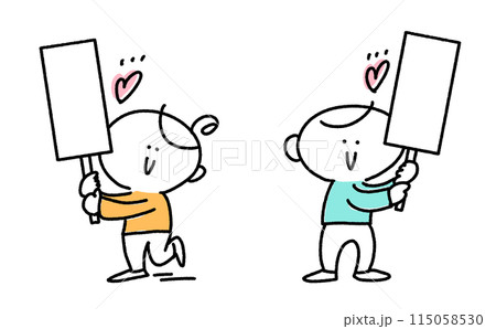 プラカードを持つ笑顔の人々 手描きイラスト プラカードを持つ笑顔の人々 手描きイラスト 115058530