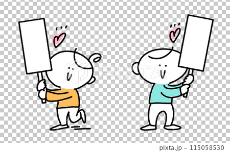 プラカードを持つ笑顔の人々 手描きイラスト プラカードを持つ笑顔の人々 手描きイラスト 115058530