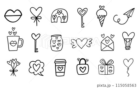 Valentines Day Doodle Icons Set. Romantic Love Valentines Day Doodle Icons Set. Romantic Love 115058563