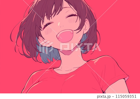 笑顔の女性イラスト・赤バック「AI生成画像」 115059351