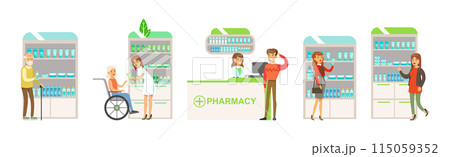 Smiling People Character at Pharmacy Store Choosing and Buying Drugs Vector Set 115059352
