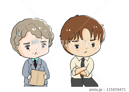 書類を持ち青ざめる上司と無視する部下 115059471