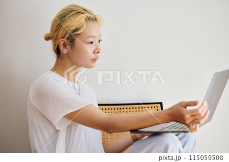 自宅でパソコン作業をする女性 自宅でパソコン作業をする女性 115059508