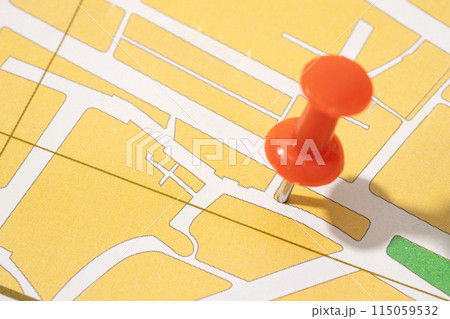 Thumbtack on a paper city map. Map location concept 115059532