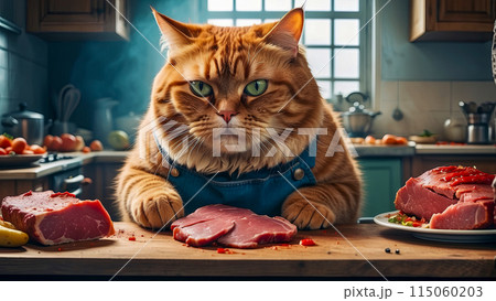A big cat in the kitchen sits at the table and eats meat 115060203