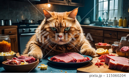 A big cat in the kitchen sits at the table and eats meat 115060204
