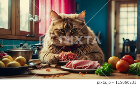 A big cat in the kitchen sits at the table and eats meat 115060233