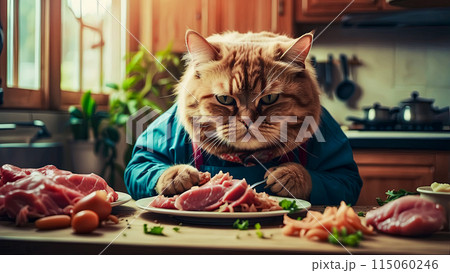 A big cat in the kitchen sits at the table and eats meat 115060246