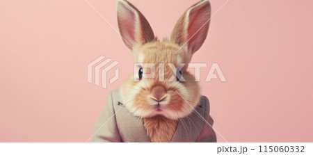 Cute funny bunny in a suit looking at the camera on pink background, animal, creative concept 115060332