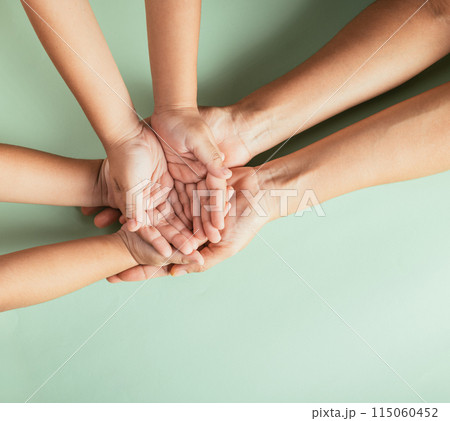 Top view of parents and kid holding empty hands isolated. Illustrating Family Day symbolizing togetherness and the legacy passed down. 115060452