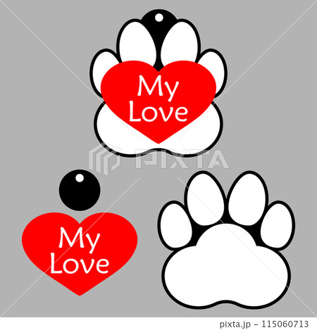 Heart symbol and paw print with my love lettering. Animal theme. Vector template and drawing. Isolated illustration. 115060713