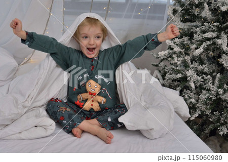 A large family with children posing in pajamas in New Year's locations. 115060980